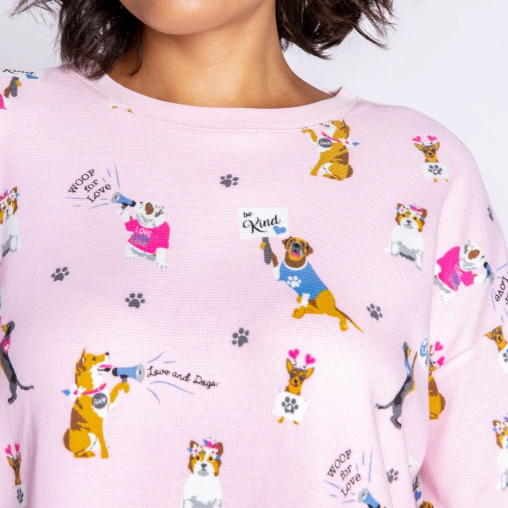 PJ SALVAGE WOOF FOR LOVE DOGS LONG SLEEVE, SIZE MEDIUM, PINK WAFFLE KNIT
